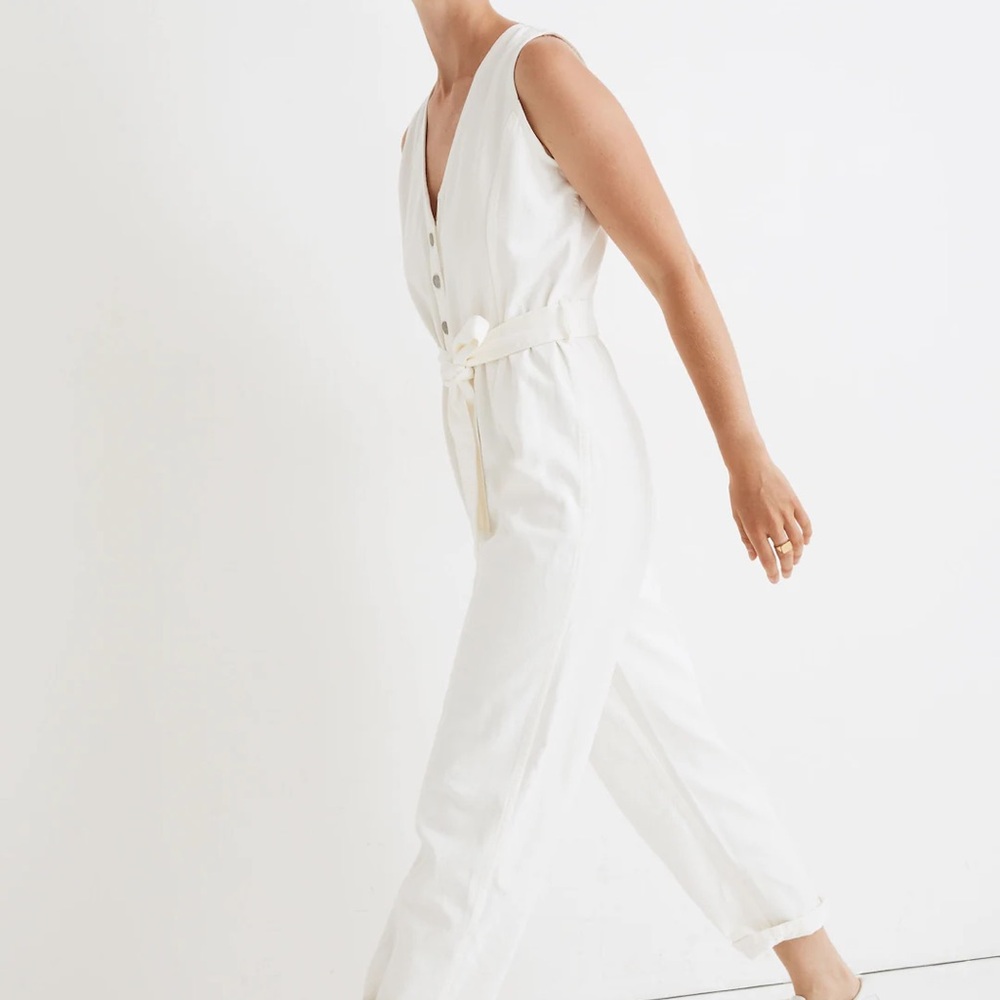 Madewell Denim Sleeveless Tie-Waist Jumpsuit Tile White Cotton Overalls Wide Leg